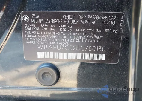 2011 BMW 535I xDrive from USA, damaged, VIN WBAFU7C52BC780130